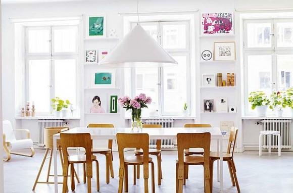 Beautiful-Dining-Room-with-White-Dining-Table-Wooden-Chairs-and-Triangle-Pendant-Lamp